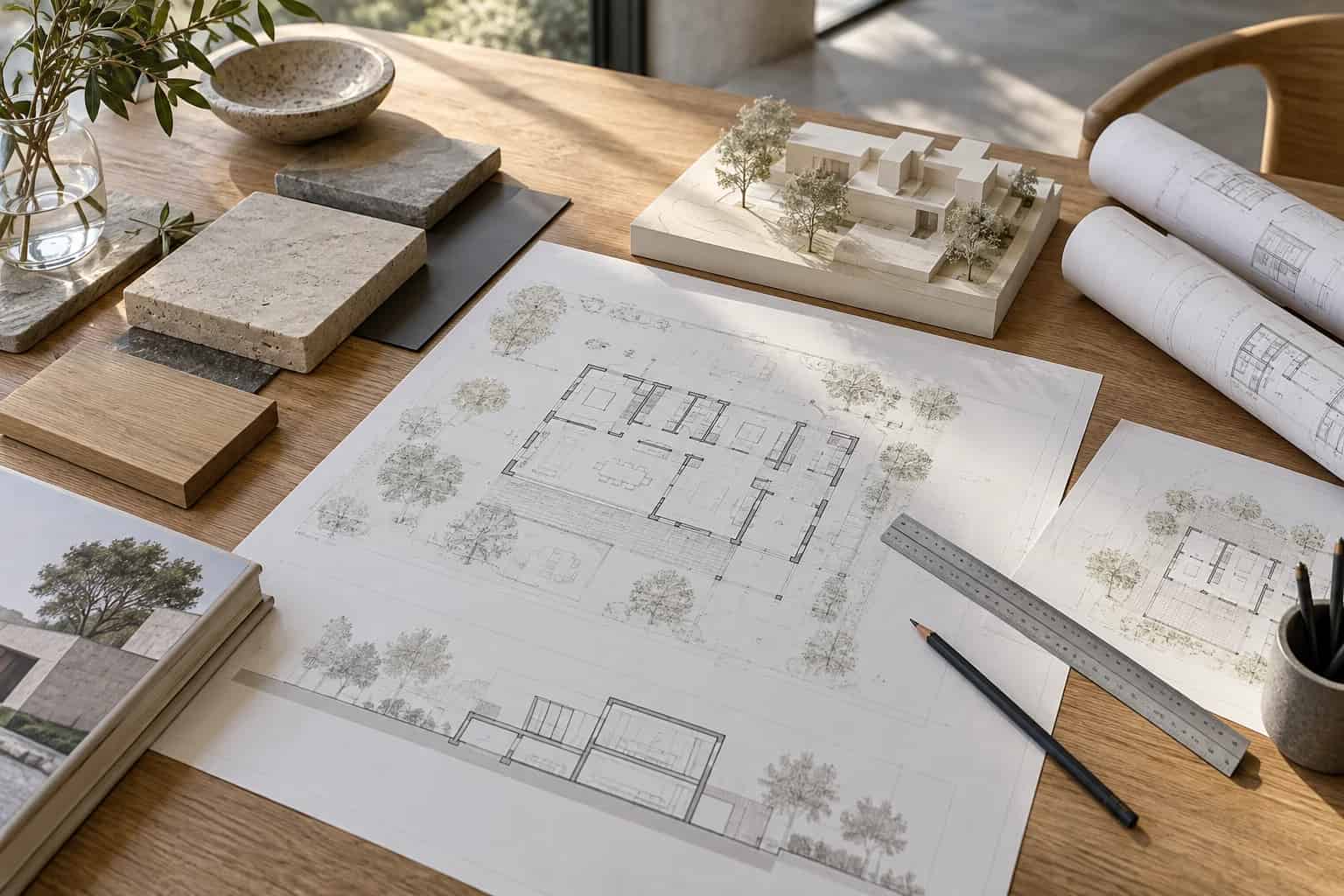 Illustratives Motiv mit Bauzeichnungen, Maßstab und Gebäudemodell