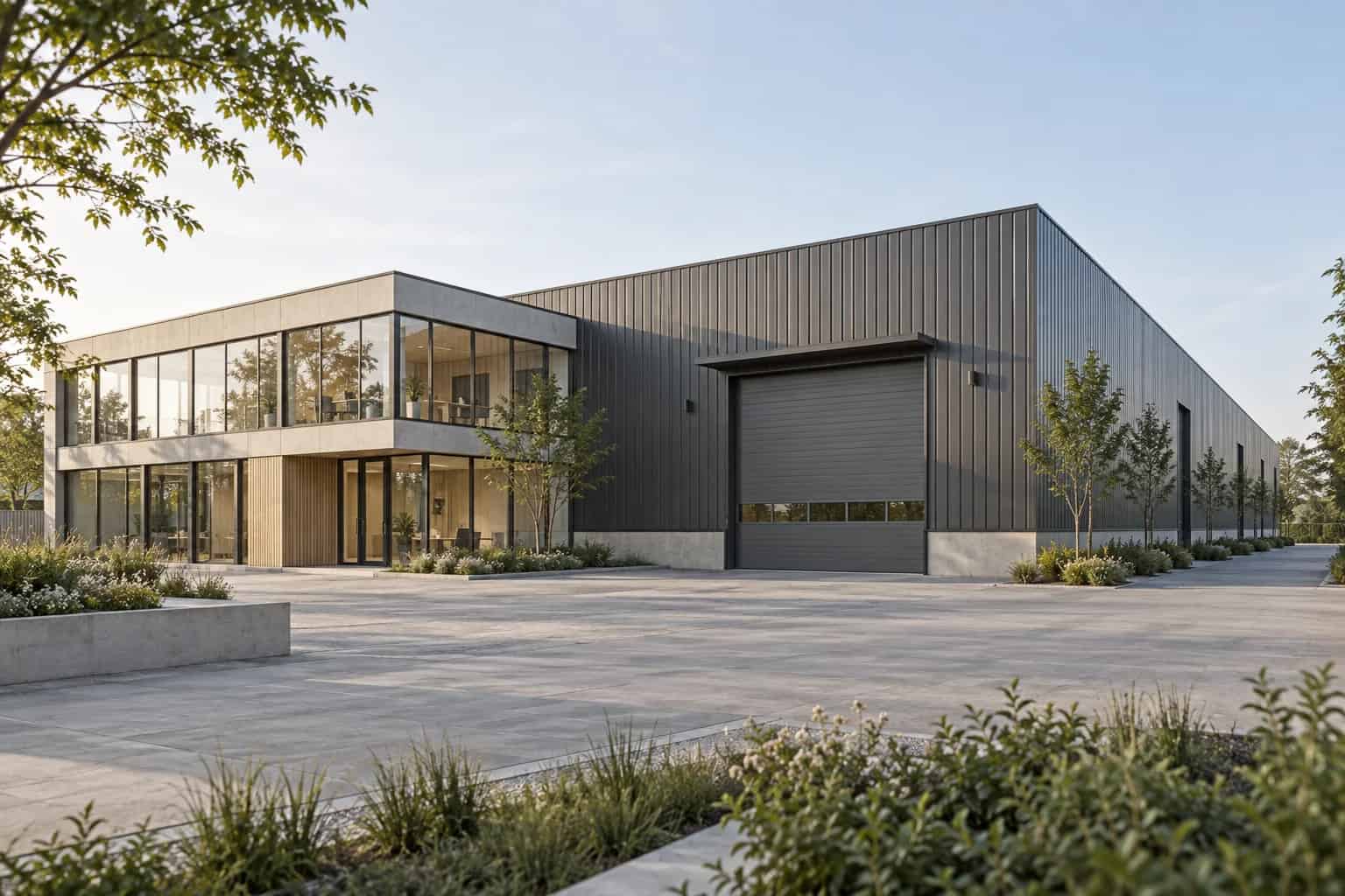 Architekturvisualisierung einer Gewerbehalle mit angeschlossenem Bürogebäude