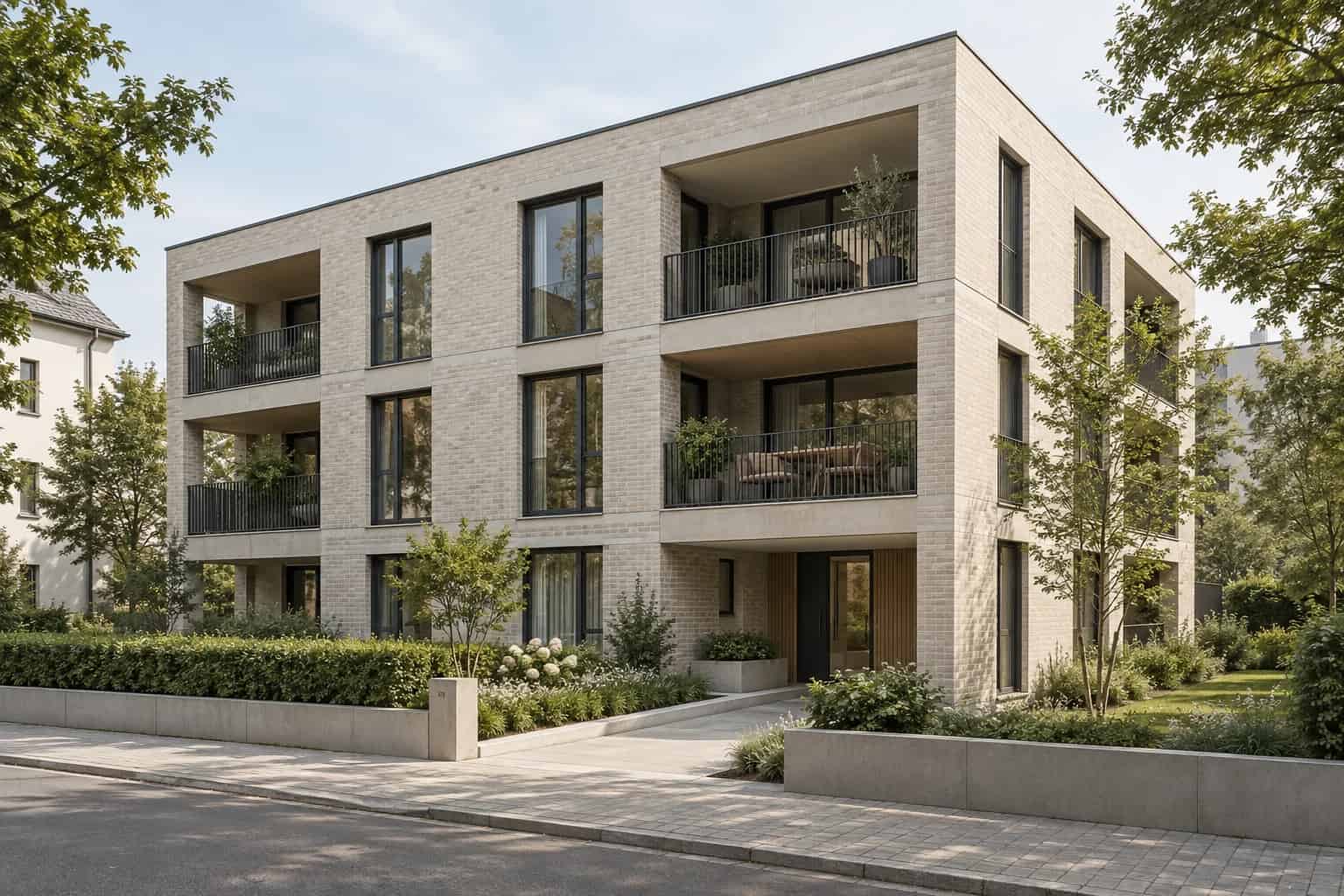 Architekturvisualisierung eines Mehrfamilienhauses mit Balkonen und begrüntem Vorbereich