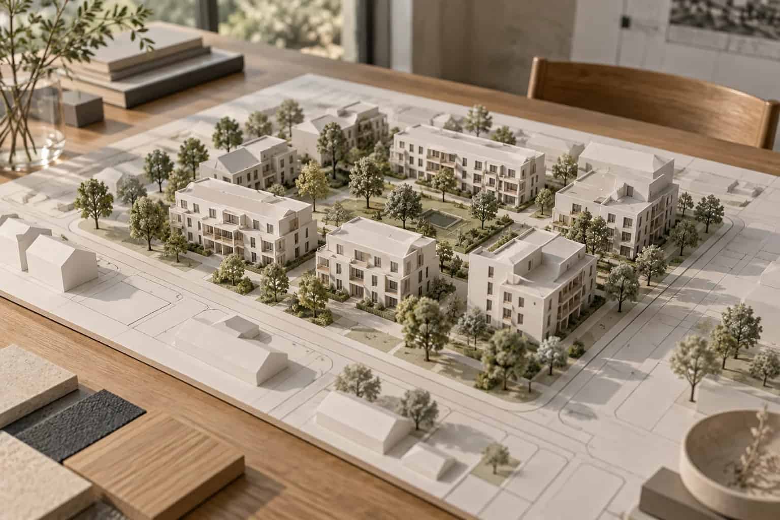 Illustratives Architekturmodell eines Wohnquartiers auf einem Planungstisch