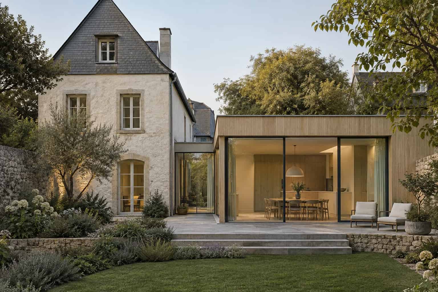 Architekturvisualisierung eines sanierten Hauses mit zeitgemäßem Anbau